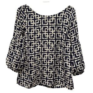 Lilly Pulitzer 100% Silk Geometric Print Balloon Sleeve Top Size 2 Navy White